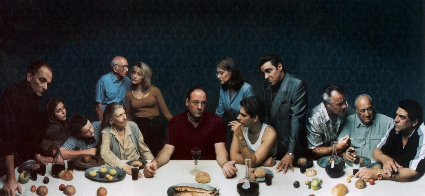 A promotional image from the series The Sopranos, reminiscent of Da Vinci's Last Supper.