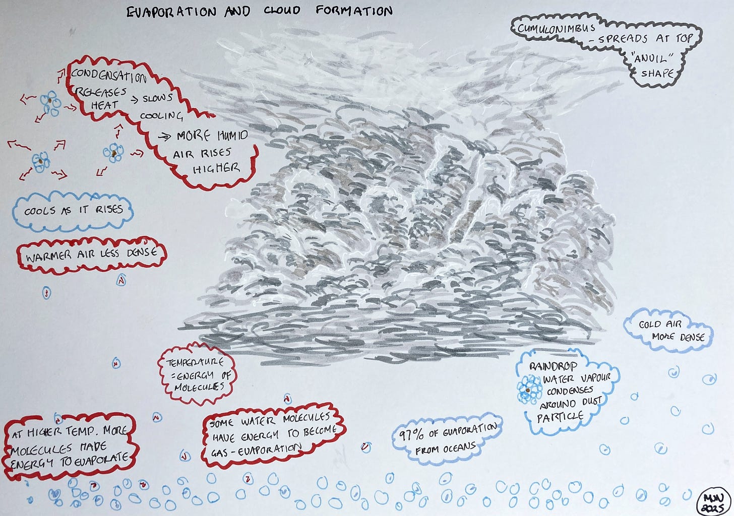 A felt pen drawing of a cumulonimbus cloud (tall storm cloud), with water molecules represented by blue circles and an explanation of the main points from the text about warm air rising and wet air rising further because condensation releases energy