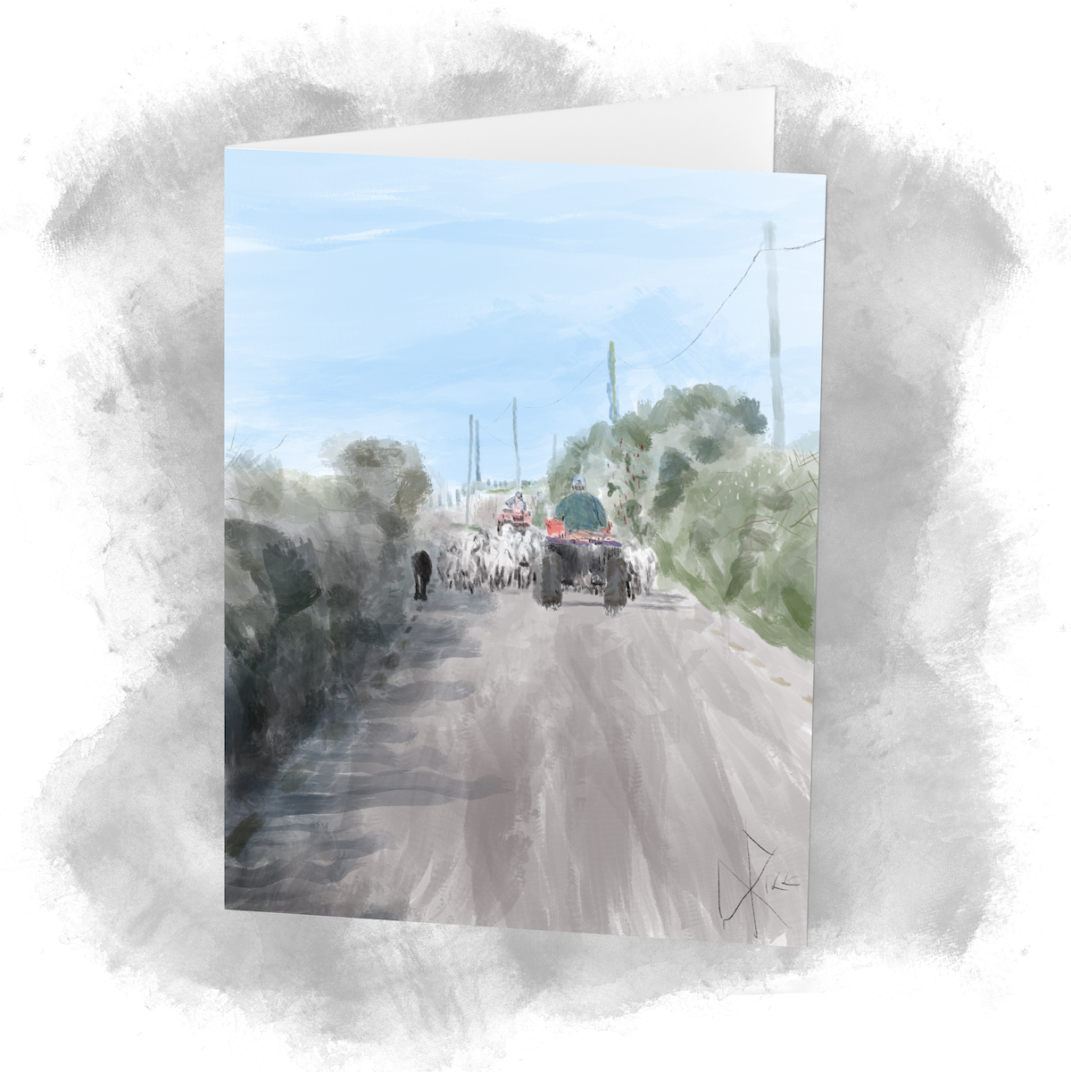 On a bright summer day, fully blocking any traffic, sheep are herded down a tight Irish road by shepherds on all-terrain vehicles and their trusty black sheep dog. Hedges dominate the boundaries of the road. Sketch art by Don Rice.