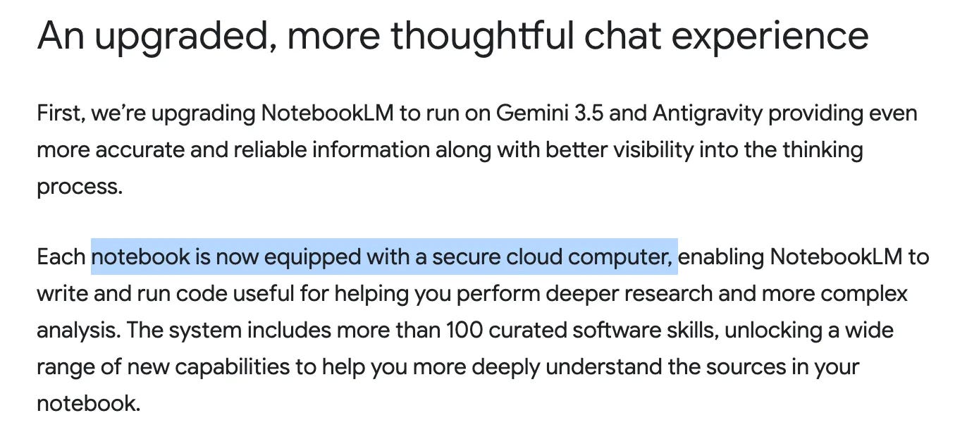 Google announcement stating NotebookLM runs on Gemini 3.5 and Antigravity with a secure cloud computer in each notebook Google announcement stating NotebookLM runs on Gemini 3.5 and Antigravity with a secure cloud computer in each notebook