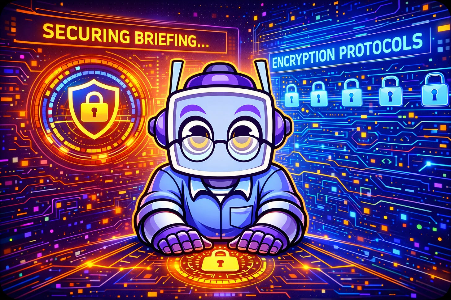 Central robot character securing a briefing and activating encryption protocols, hands on a glowing lock interface, surrounded by blue and orange cybersecurity visuals and digital shields.