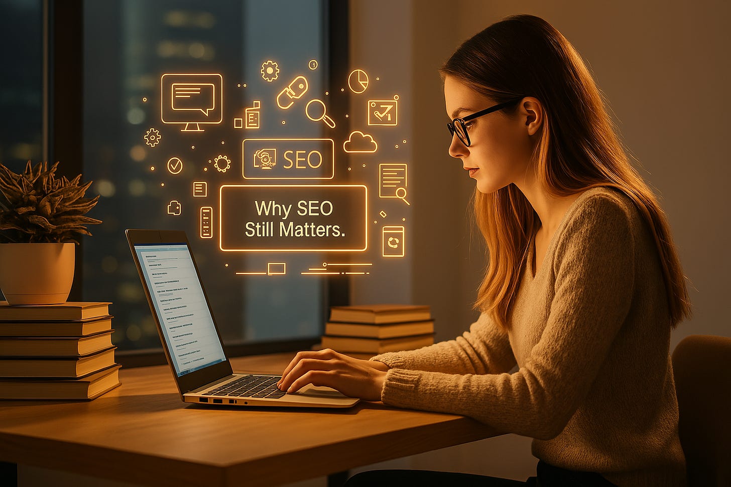 ChatGPT generated realistic image of young lady sitting at a laptop using SEO strategies