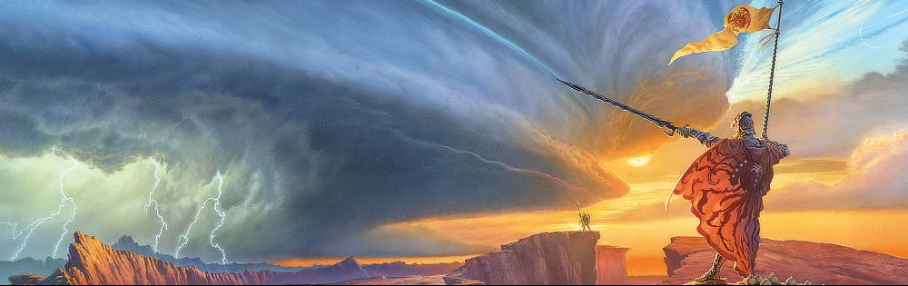 Long narrow crop of THE WAY OF KINGS featuring a shardbearer holding up a sword in salute. A highstorm pummels the Shattered Plains to the left led be a wall of clouds. A bright line runs through the leading edge as if the shardbearer cut it.