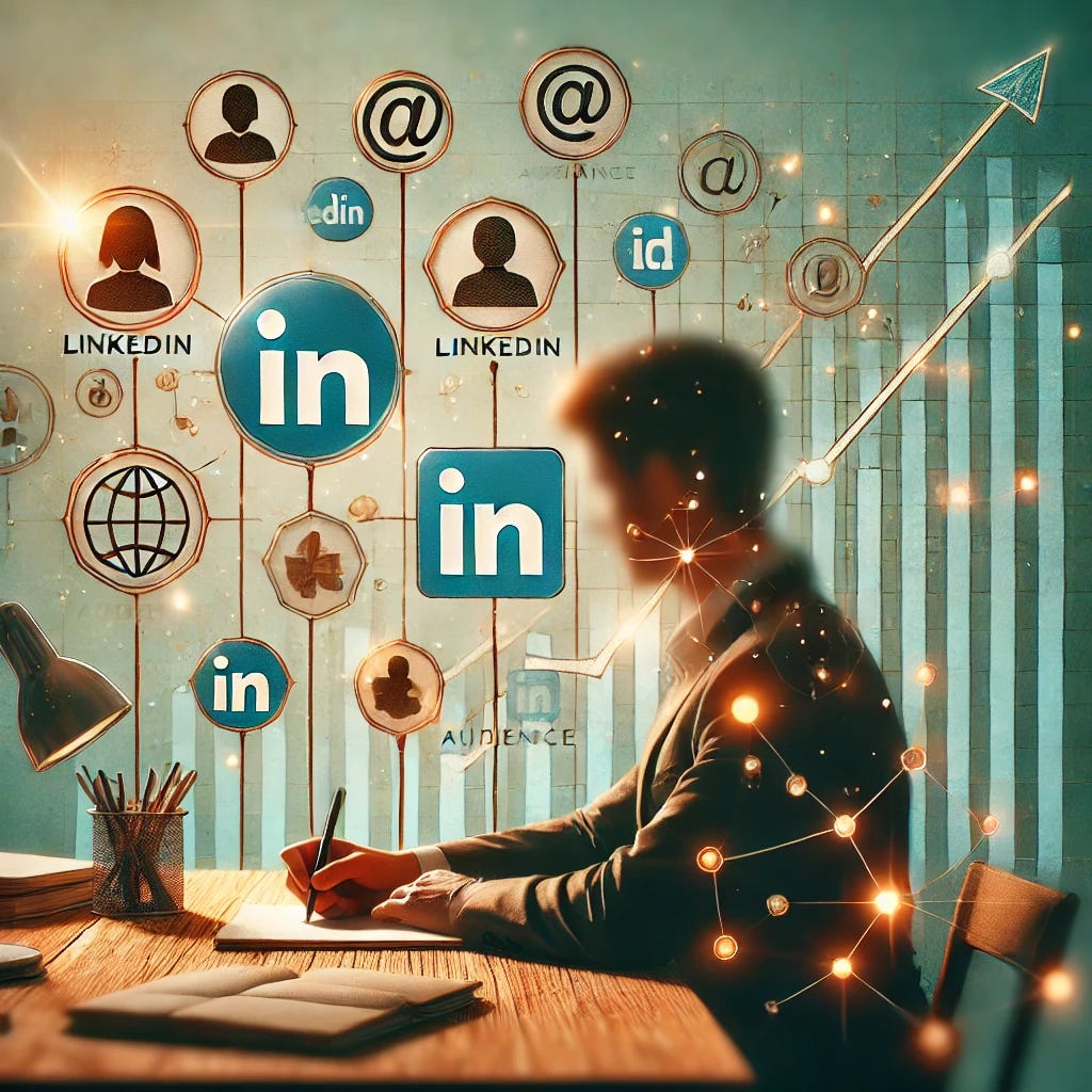 A visually engaging digital illustration of a person writing at a desk, surrounded by floating LinkedIn and email icons representing audience growth. The background features a subtle growth chart and networking elements, symbolizing consistency, strategy, and interaction. The colors are warm and inviting, evoking inspiration and connection.