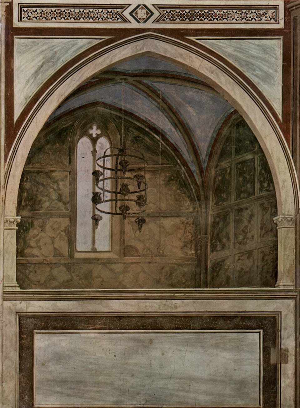 Giotto fresco of a fictive vaulted chapel with an iron lantern