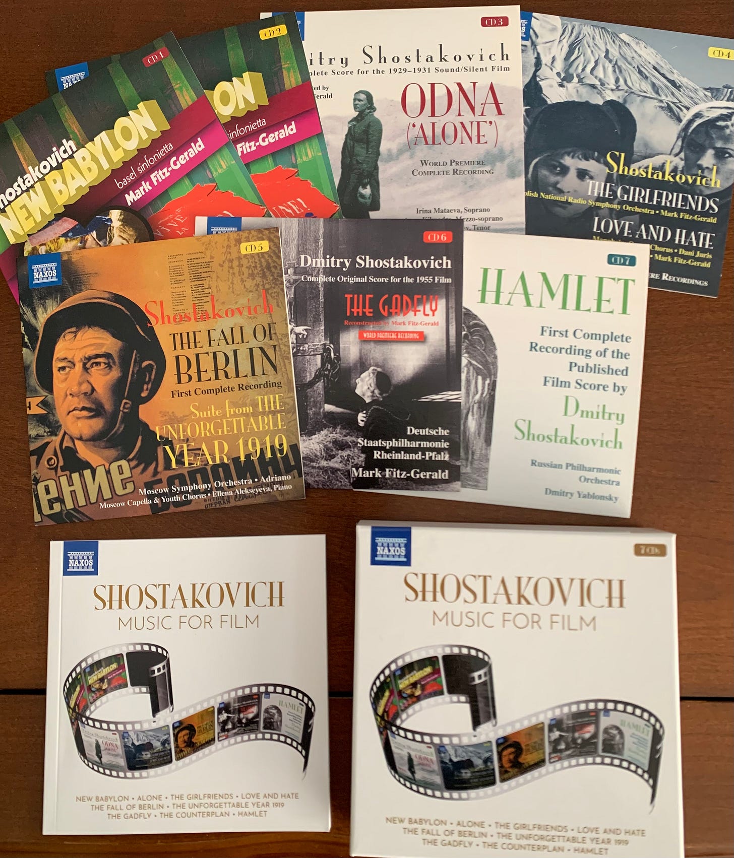 Naxos Records' box set of Shostakovich's film scores, the sleeves and booklet spread out.