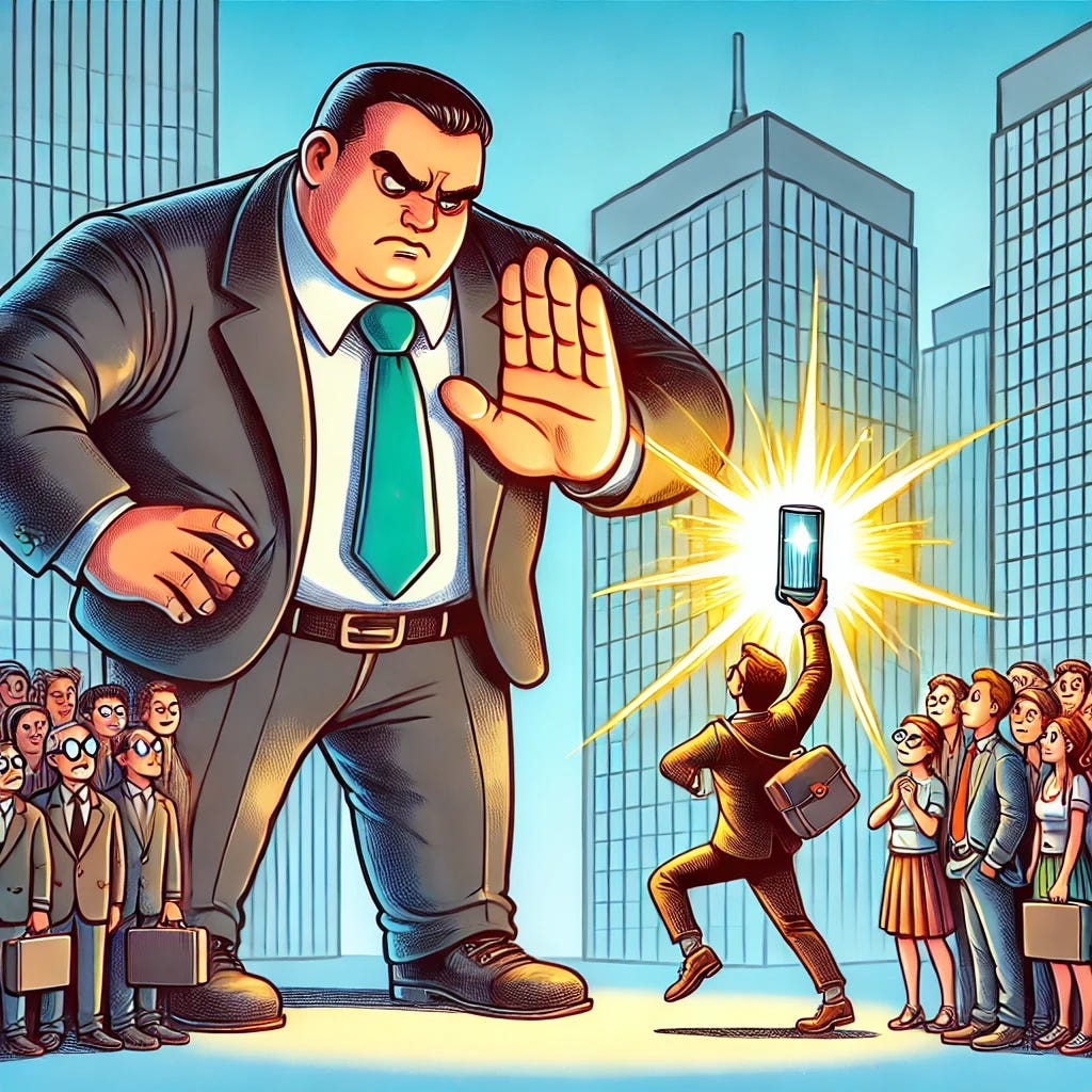 A cartoon illustration showing a large, established company represented by a tall, heavy figure dressed in a business suit, trying to block the path of a smaller, energetic figure representing a new entrant in the market. The incumbent's face is stern, with a hand out in a 'stop' gesture, while the new entrant, depicted as a younger, tech-savvy character with bright colors and modern attire, is holding a shining, innovative product that appeals to a group of enthusiastic consumers gathered nearby. The background shows a corporate environment with skyscrapers and a clear distinction between the old and new ways of doing business.
