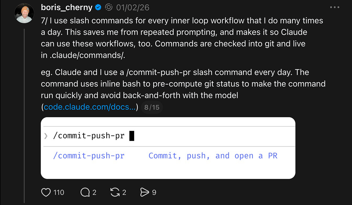 Boris using slash commands for every inner-loop workflow
