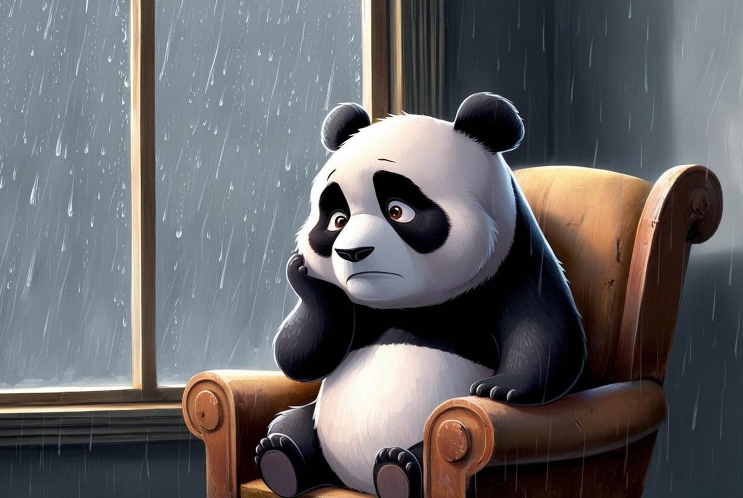 Illustration of a sad cartoon panda sitting in a chair watching it rain outside his window