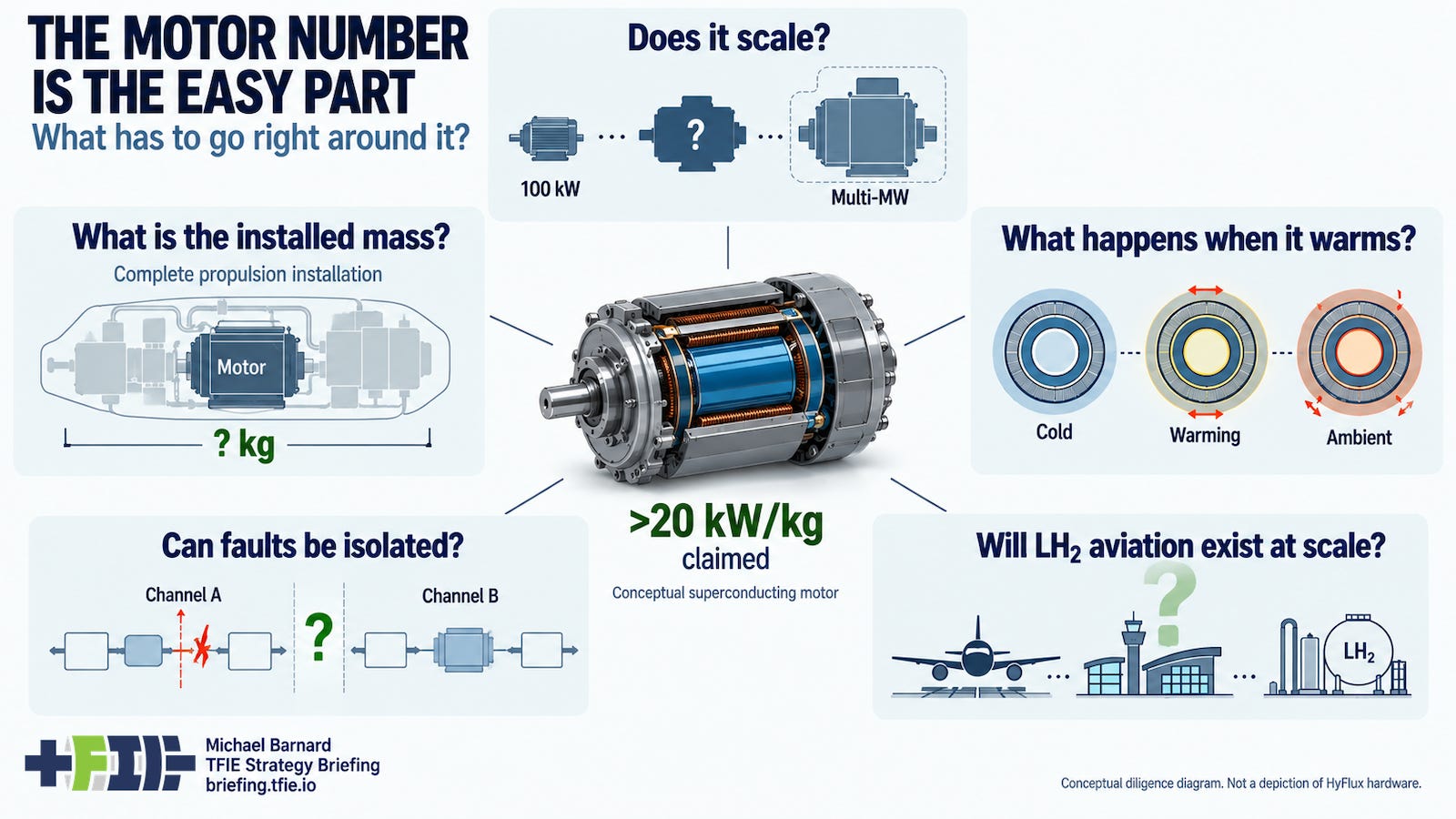Conceptual superconducting motor surrounded by five unresolved diligence questions about scale, installed mass, warming, fault isolation and commercial liquid-hydrogen aviation.
