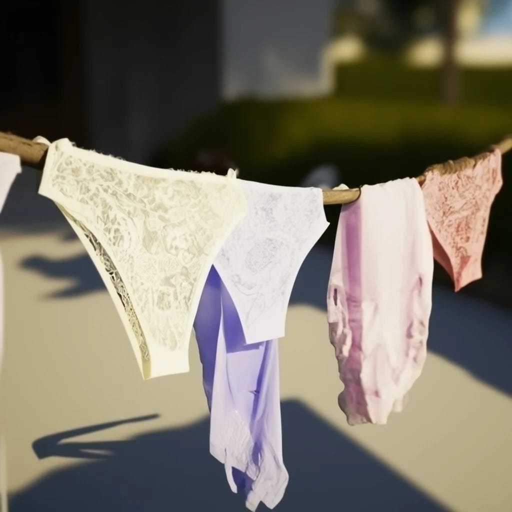 multiple pair of panties drying on clothesline with sunshine out
