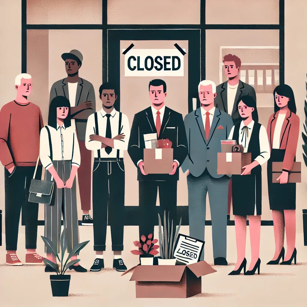 A simple image illustrating the concept of layoffs for an article. The image shows a diverse group of office workers, including men and women of various ethnicities, standing outside an office building. Some are holding boxes with personal belongings, such as potted plants, picture frames, and folders. Their expressions are a mix of concern, sadness, and uncertainty. In the background, there is an office door with a 'Closed' sign hanging on it. The overall tone is somber, reflecting the impact of layoffs on employees, but also neutral enough for an informative article.