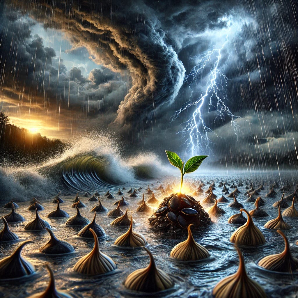 A dramatic and symbolic depiction of seeds withstanding a hurricane and floods. The seeds are sprouting resiliently amidst raging floodwaters, with very dark skies above filled with menacing storm clouds and vivid lightning strikes. The scene features torrential rains pouring down, emphasizing the harsh environment. The seeds stand as a metaphor of resilience and hope, glowing faintly to signify strength against adversity. The landscape has a surreal, almost epic feel, conveying both the power of nature and the enduring spirit of life.