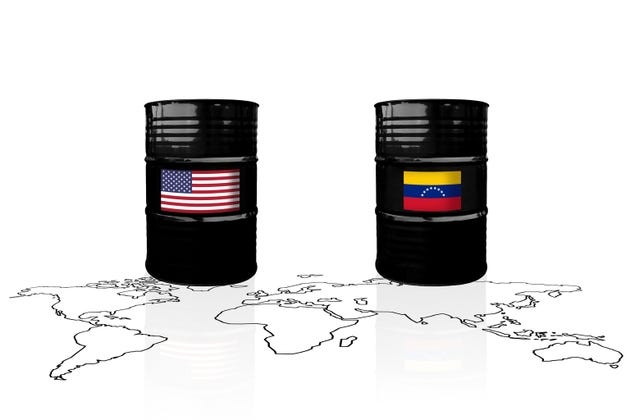 Crude oil barrels with US and Venezuela flags on a world map