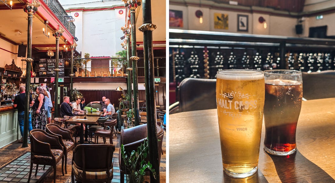 Two pictures of the Malt Cross pub in Nottingham - one of the interior with chairs, a bar, and a balcony and one of two drinks on a wooden table Two pictures of the Malt Cross pub in Nottingham - one of the interior with chairs, a bar, and a balcony and one of two drinks on a wooden table