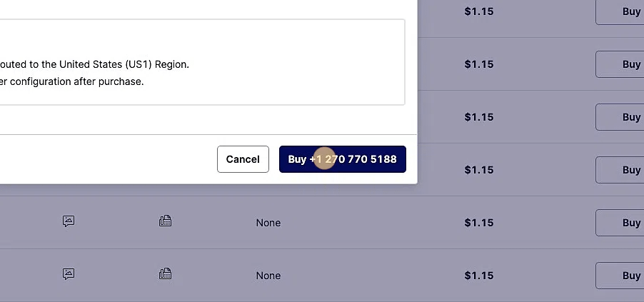 Screenshot of: A popup window will appear confirming you want to buy the number.
Once you click buy, click the "Configure" button that immediately appears Screenshot of: A popup window will appear confirming you want to buy the number.
Once you click buy, click the "Configure" button that immediately appears
