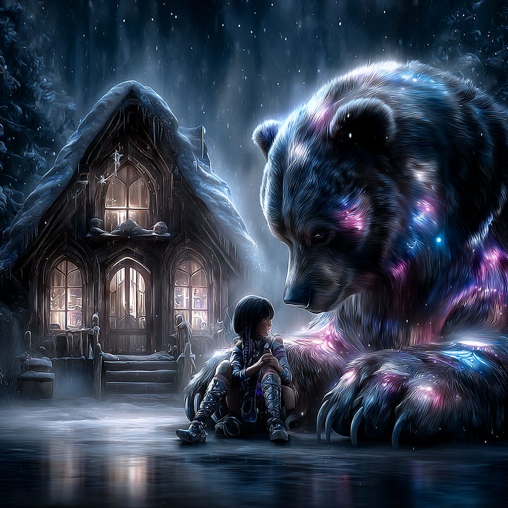 Cinematic editorial scene of a Black woman gentlya large winter bear in a quiet snowy forest at dusk, soft snow falling, deep blue twilight sky