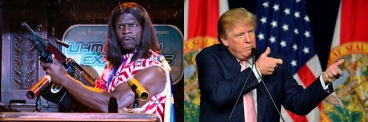 Presidente Dwayne Elizondo Mountain Dew Herbert Camacho - o líder da América no filme Idiocracy - justaposto à figura que deveria parodiar. Presidente Dwayne Elizondo Mountain Dew Herbert Camacho - o líder da América no filme Idiocracy - justaposto à figura que deveria parodiar.