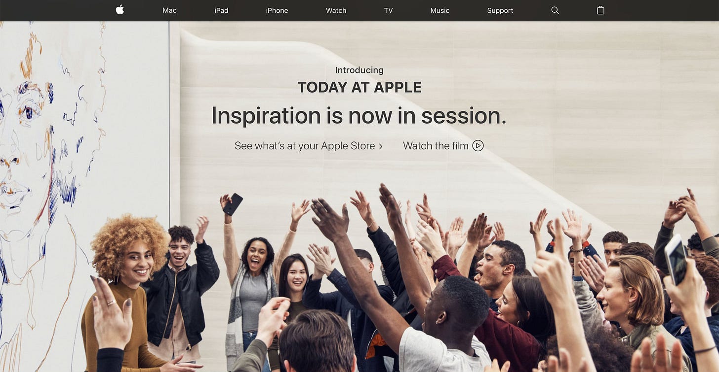 A screenshot of Apple.com as it appeared on May 19, 2017. The homepage says, "Introducing Today At Apple. Inspiration is now in session."
