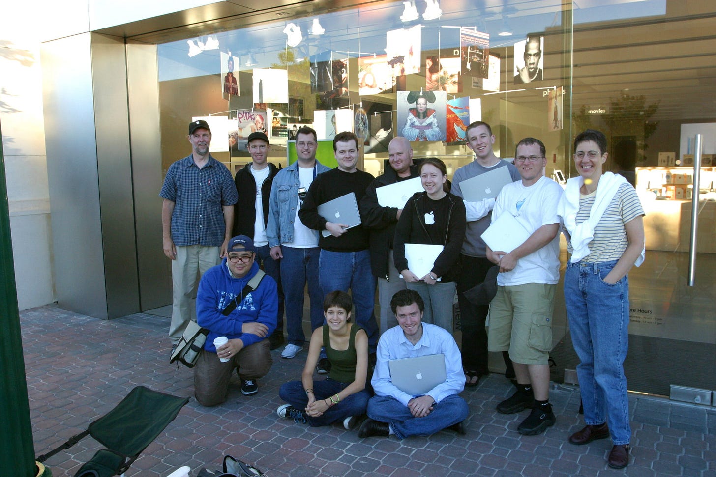 Gary Allen and a group of overnighters stand outside Apple Walnut Creek. Gary Allen and a group of overnighters stand outside Apple Walnut Creek.