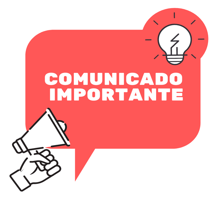 #descrevemospravocê  Comunicado importante.  A imagem apresenta uma arte gráfica com fundo branco. No centro, há um balão de fala vermelho em formato retangular com cantos arredondados, apontando para baixo. Dentro do balão, está escrito em letras brancas, grandes e em caixa alta: “COMUNICADO IMPORTANTE”. No canto inferior esquerdo do balão, há o desenho de uma mão segurando um megafone, ambos em contorno preto. No canto superior direito, parte do balão forma um círculo onde está o desenho de uma lâmpada acesa, também em traço preto, simbolizando uma ideia ou informação relevante. O estilo do desenho é simples, com aparência de ícone. O conjunto visual é direto, com contraste forte entre o vermelho do balão e o branco do fundo e das letras, chamando atenção para a mensagem principal.