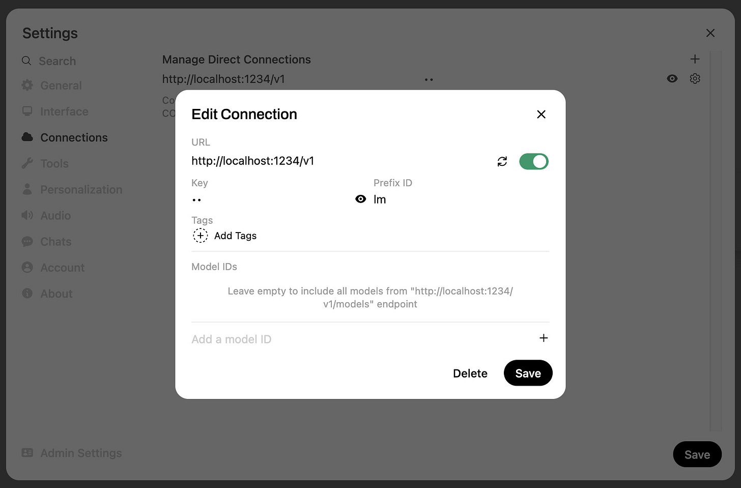 Screenshot of Open WebUI settings showing the Edit Connection window. URL is set to http://localhost:1234/v1 and Prefix ID is set to lm.