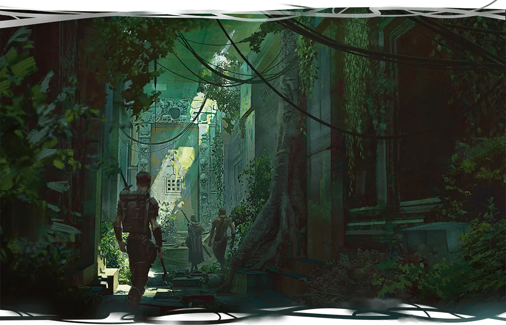 Three adventurers walk through a jungle-choked ruin Three adventurers walk through a jungle-choked ruin