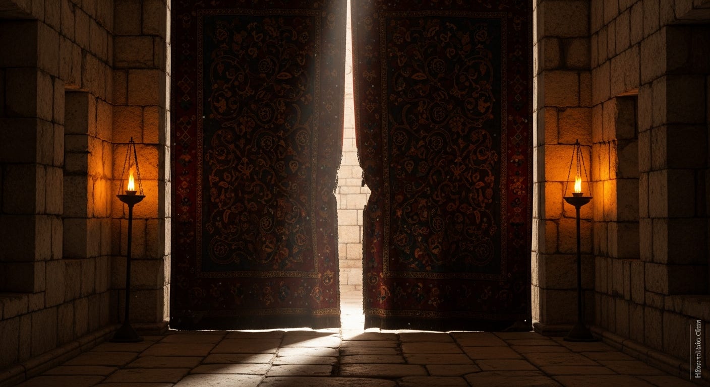 The thick crimson and indigo temple veil torn clean from top to bottom, peeled back to reveal the holy chamber beyond, depicting the moment access to God was opened to all