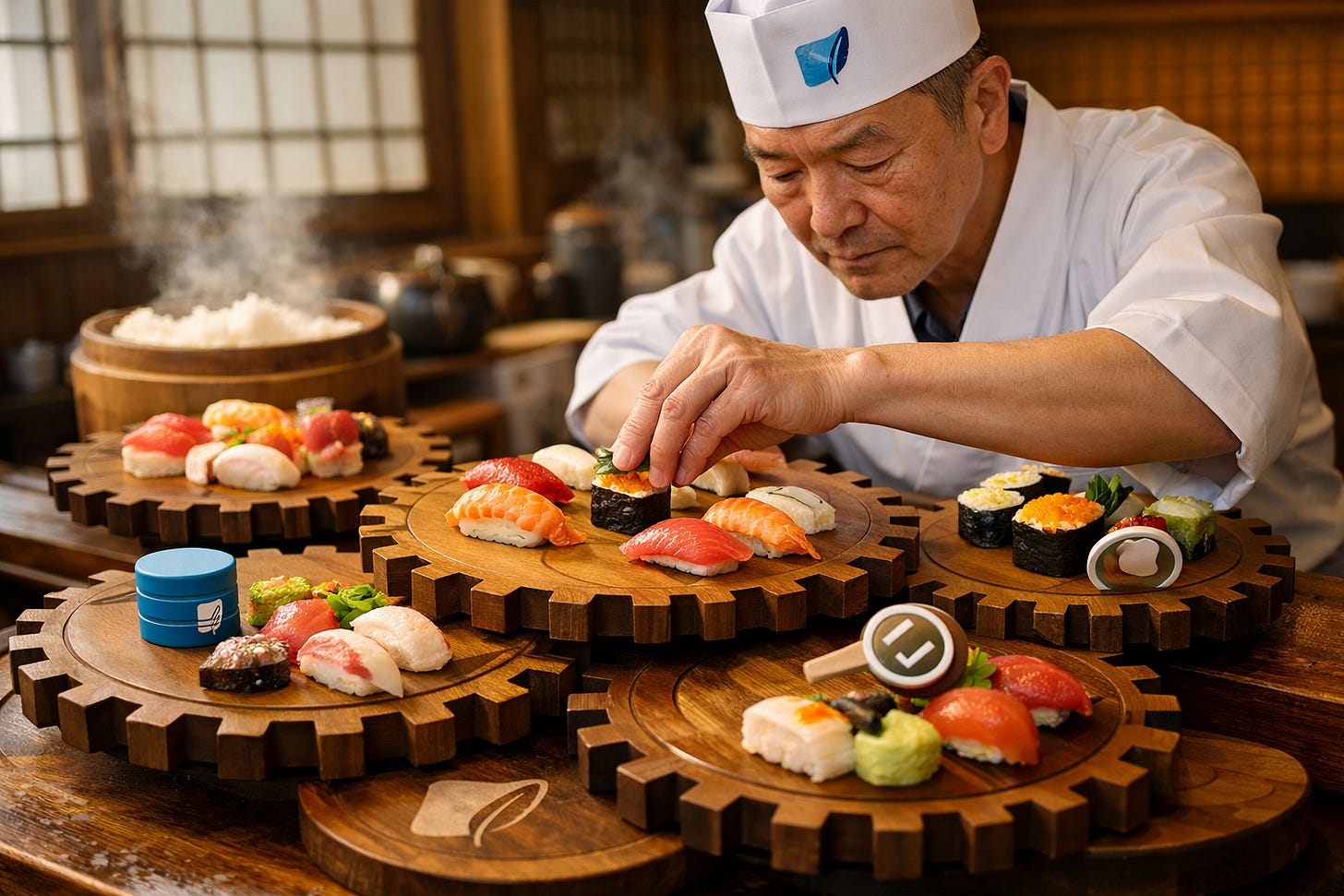 Master sushi chef arranging pieces on interconnected rotating wooden gear platforms in traditional restaurant. Master sushi chef arranging pieces on interconnected rotating wooden gear platforms in traditional restaurant.