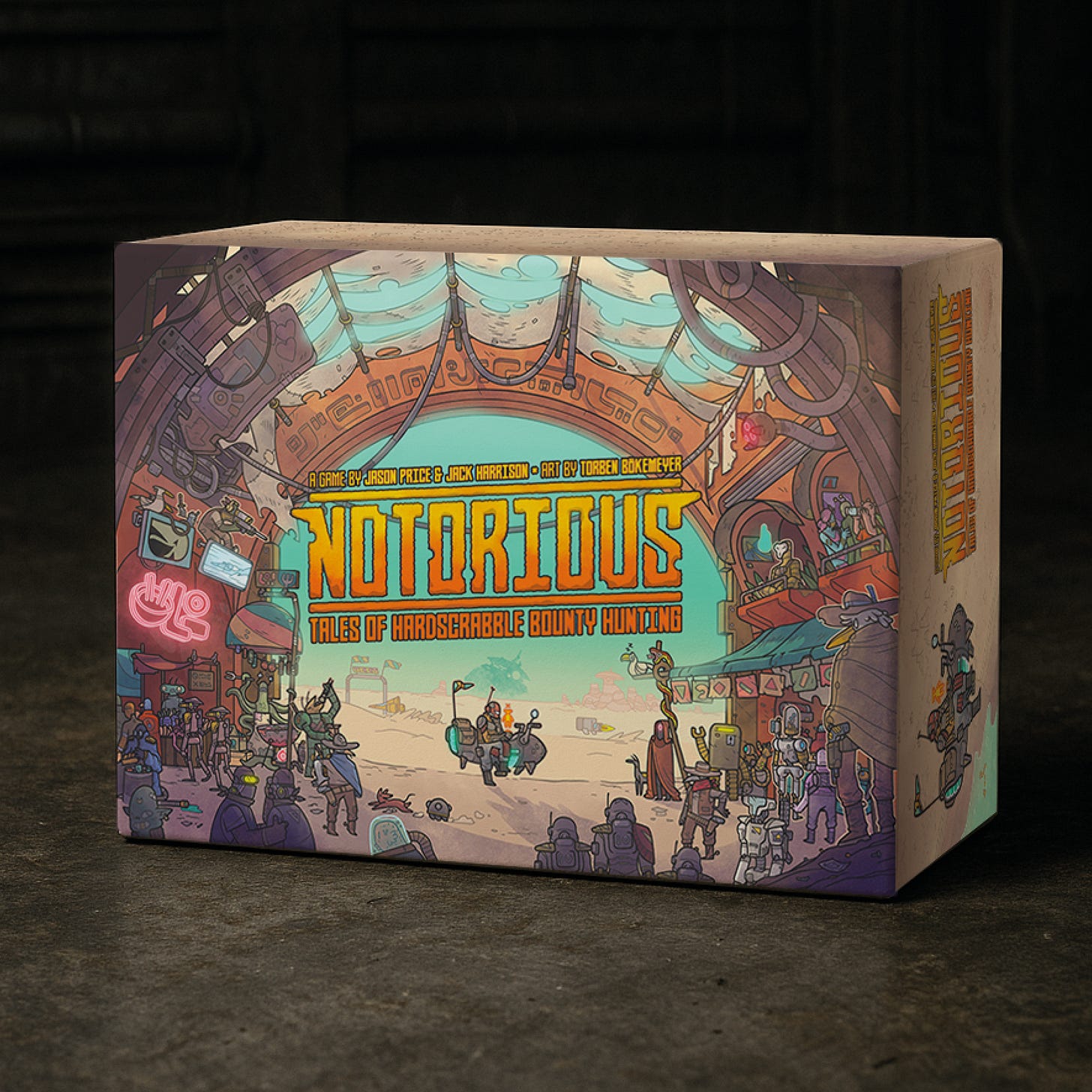 A mockup of the Notorious card game box, showing the cover (a scene in a sci-fi market on a desert town) and the title 'Notorious'.