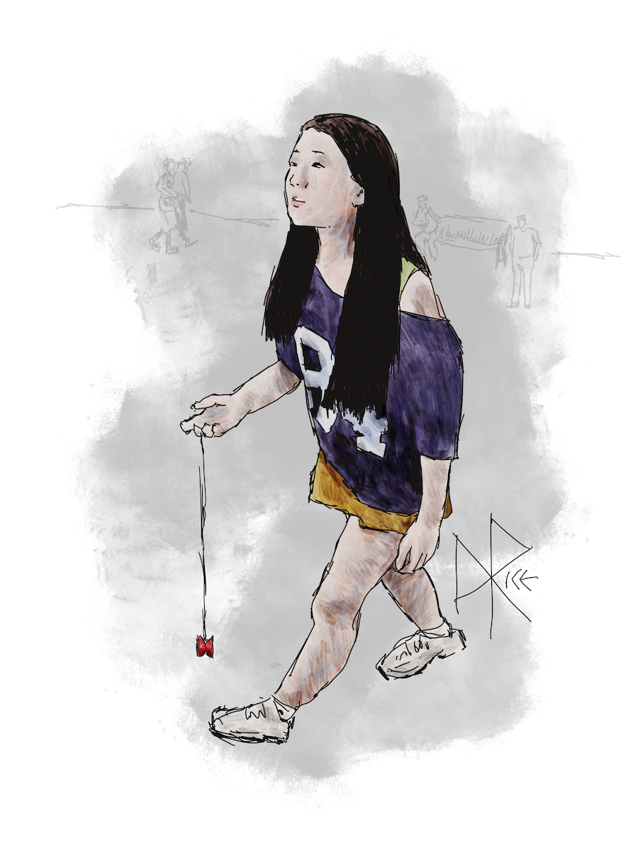 A young woman walking through a park while tossing a yo-yo, wearing a football jersey over a short skirt. Sketch art by Don Rice. A young woman walking through a park while tossing a yo-yo, wearing a football jersey over a short skirt. Sketch art by Don Rice.