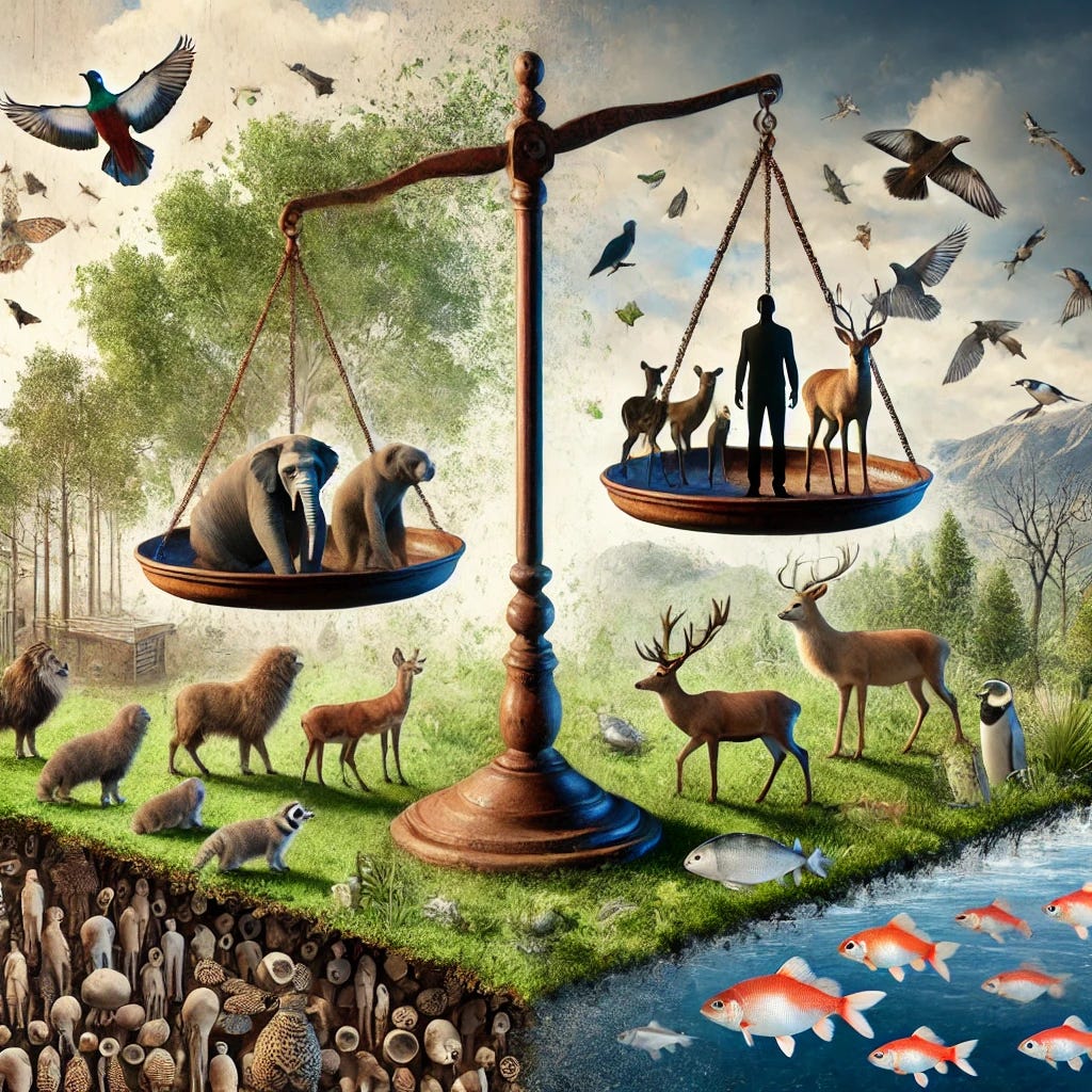 A visual representation showing a balance between humans and animals, with humans on one side and various animal species (such as deer, birds, fish, and smaller mammals) on the other side. This should symbolize the tension between humanist values, which prioritize human well-being, and concern for the well-being of other species. The image could feature a balance scale, with humans and animals on opposite sides, set against a natural background with some environmental elements like trees and water to highlight the interconnectedness of all life forms.