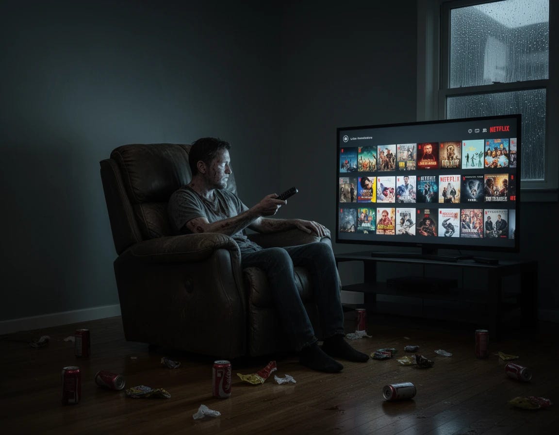 brainwashed man with zombie eyes mindlessly scrolling through Netflix with his remote