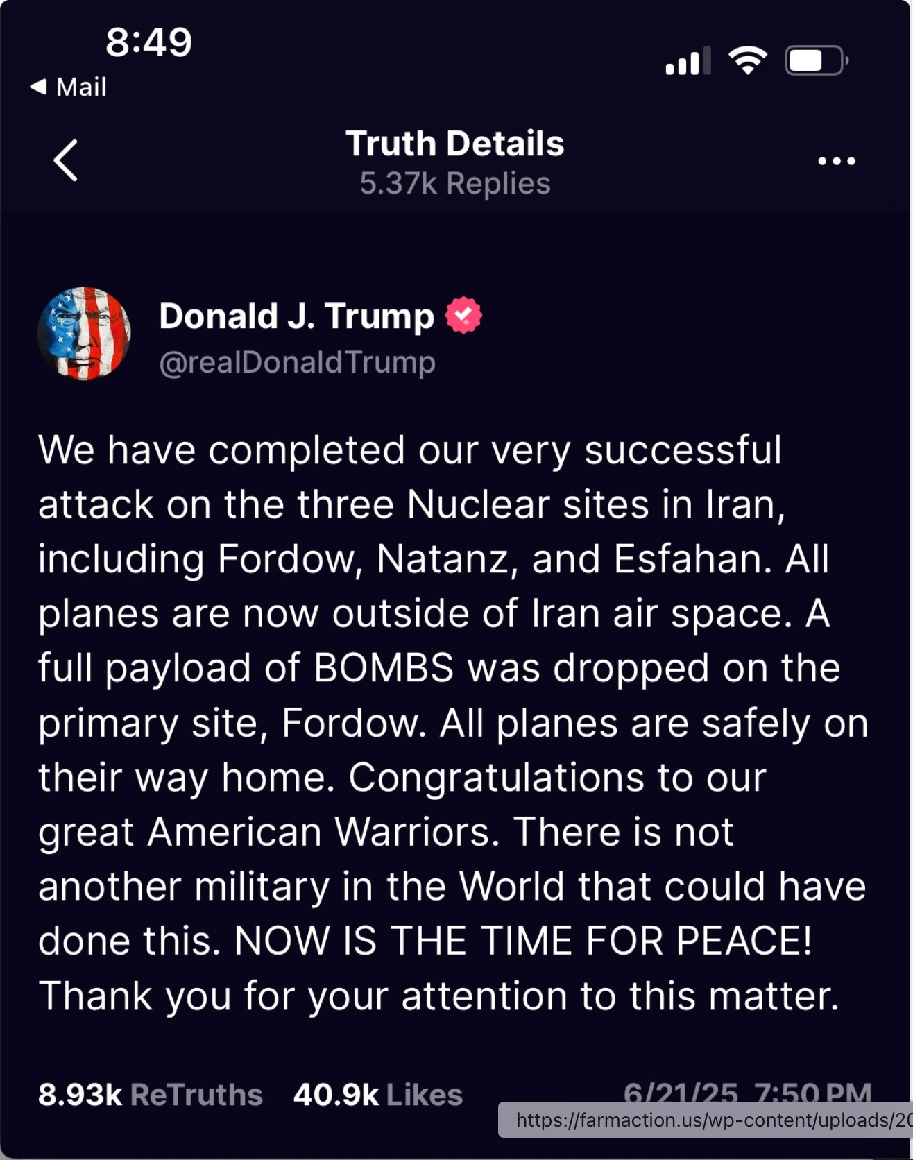 Trump did it. Legacy over. 3 nuclear sites bombed in Iran