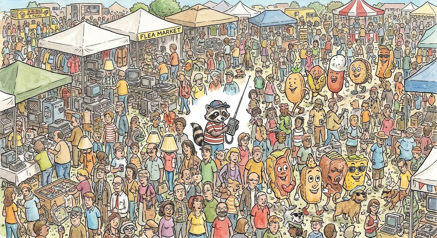 The raccoon is larger than everyone else, right in the middle of the image with an ugly white border around it. The raccoon is larger than everyone else, right in the middle of the image with an ugly white border around it.