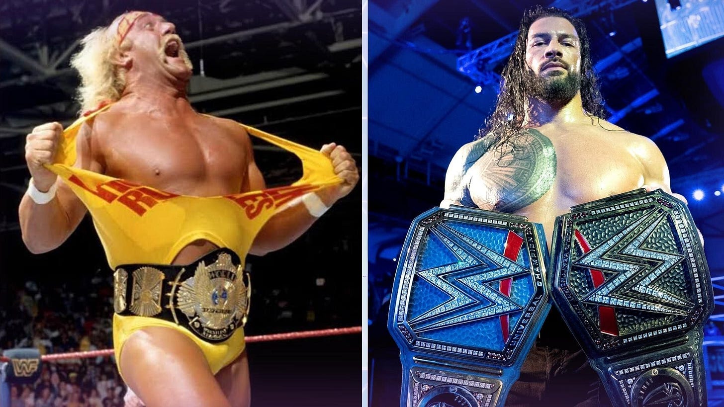 Hulk Hogan and Roman Reigns holding top titles in different eras