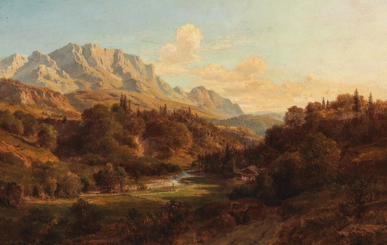 Ludwig Halauska - Motiv bei Niederdorf, Tirol, in the background the Wild Kaiser mountains