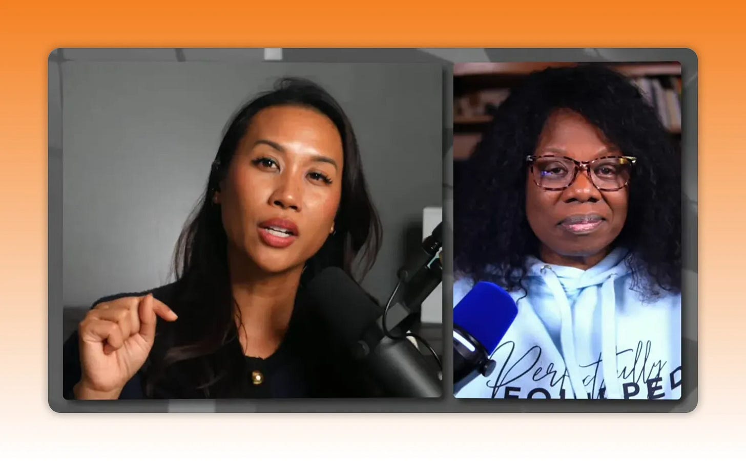 Three‑up style split screen with host speaking into a microphone and co‑host visible in right panel