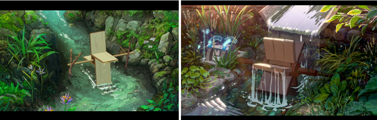 Two images of wooden water wheels, close up, both animated illustrations. On the left, a still from the film Arco, and on the right, a strikingly similar image from the advertisement "Dear Alice." Two images of wooden water wheels, close up, both animated illustrations. On the left, a still from the film Arco, and on the right, a strikingly similar image from the advertisement "Dear Alice."