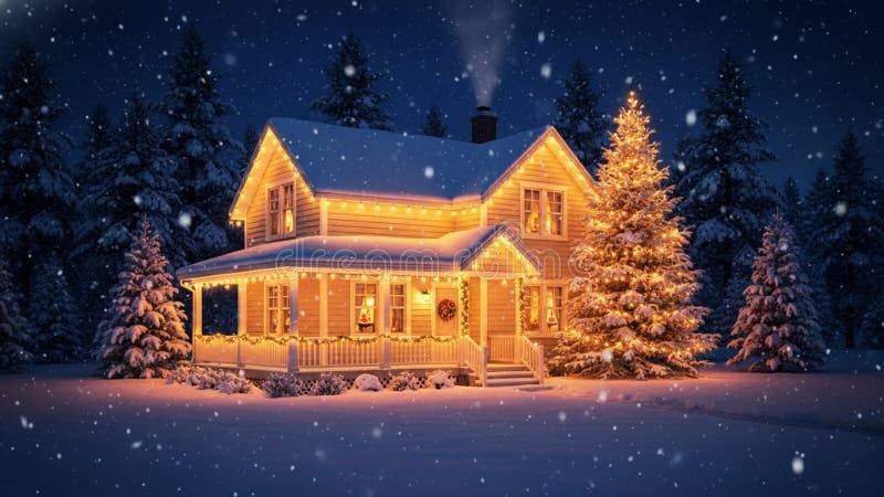 Snowy Christmas House at Night with Warm Lights, Cozy Winter Scene ...