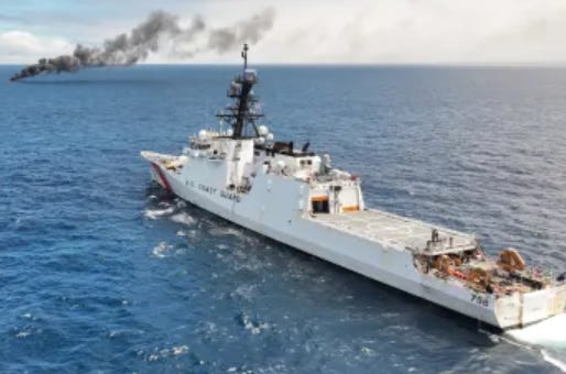 The US Coast Guard Cutter Stone maintains watch over a smuggling boat it set afire after seizing 3,500 lbs of cocaine on August 16, 2025. The US Coast Guard Cutter Stone maintains watch over a smuggling boat it set afire after seizing 3,500 lbs of cocaine on August 16, 2025.