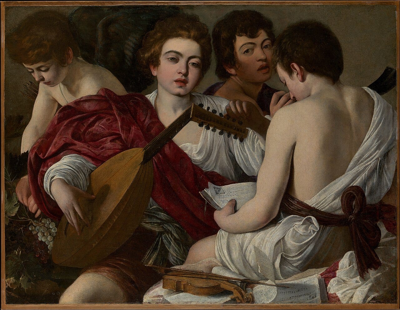 Four boys in classical robes tuning a lute and holding a songbook Four boys in classical robes tuning a lute and holding a songbook