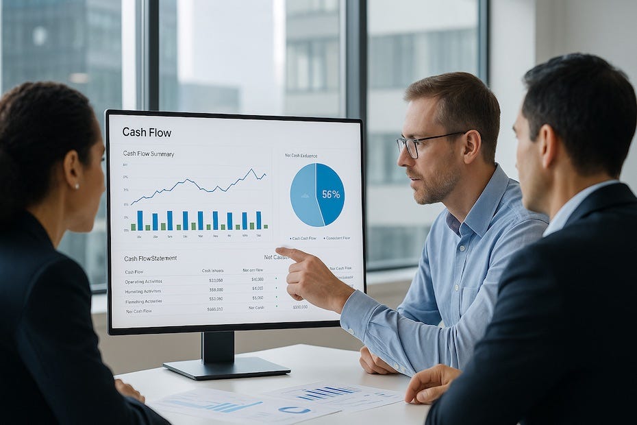 Team reviewing business cash flow dashboards in a modern office setting.