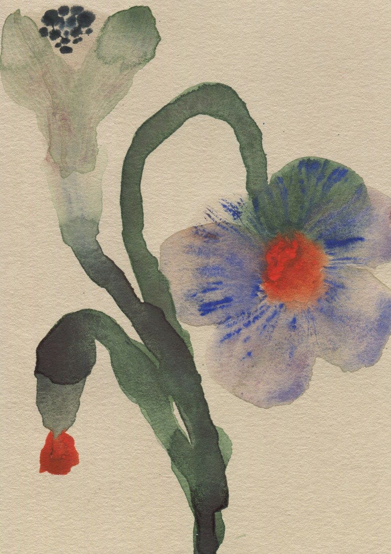 May include: A watercolor painting of two flowers with green stems. The larger flower is blue and purple with a red center. The smaller flower is green and white with a black center.