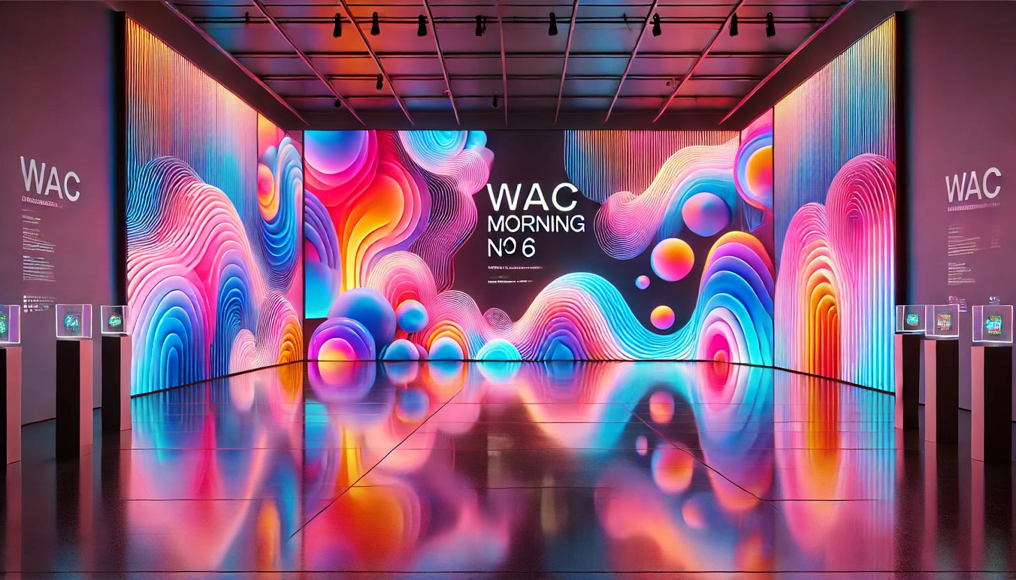 A wide panoramic view of a digital art installation in the style of Rafaël Rozendaal. The gallery walls are filled with vivid, glowing abstract shapes and gradient waves in hot pink, electric blue, orange, and neon violet. Reflective surfaces cast light animations onto the gallery floor, simulating soft moving ripples and mirrored gradients. The large, bold white text 'WAC MORNING n°6' is centered on the main wall, glowing with a pulsing neon effect. The ambient lighting feels dynamic and immersive, as if shifting with motion. This is a still frame designed as a storyboard scene for an animated experience.
