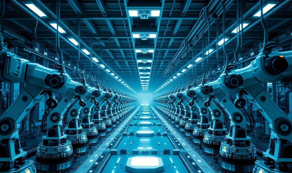 Ultra-realistic wide shot of a futuristic robotic assembly factory floor, dozens of identical robotic arms working in   perfect unison on separate stations simultaneously, each performing a different micro-task, all triggered by one central   command console glowing in the foreground. Cool industrial lighting with blue-white overheads, dramatic depth of field,   sense of precision and scale. Shot on RED camera 35mm lens, high-detail cinematic photography
