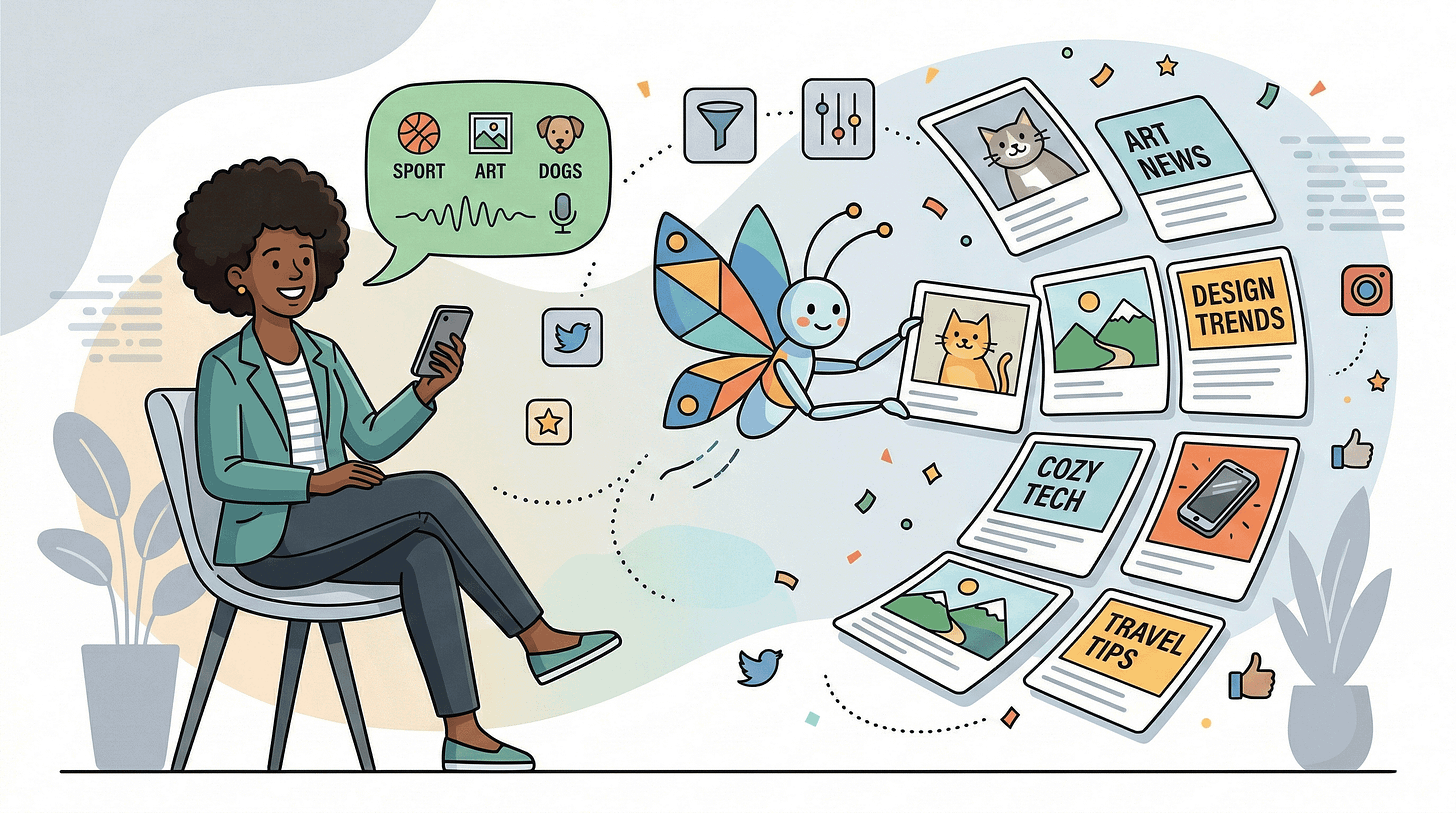 Illustration of a person using natural language to customize their social media feed with an AI assistant Illustration of a person using natural language to customize their social media feed with an AI assistant