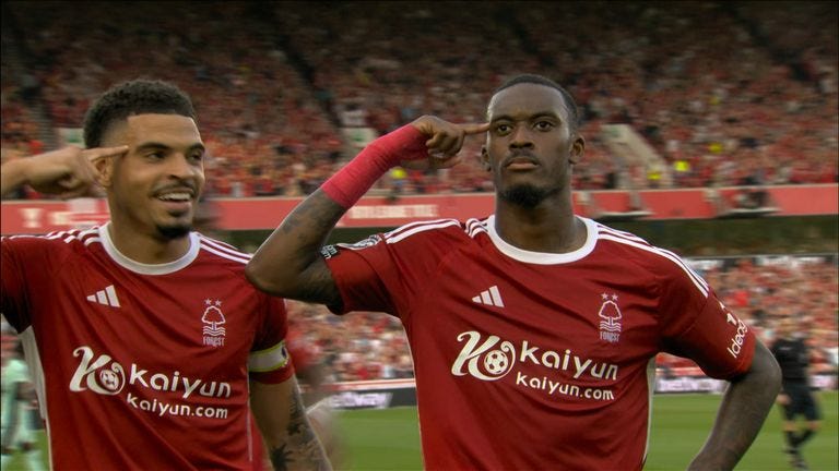 Callum Hudson-Odoi curls Nottingham Forest in front against his former club Chelsea. Callum Hudson-Odoi curls Nottingham Forest in front against his former club Chelsea.
