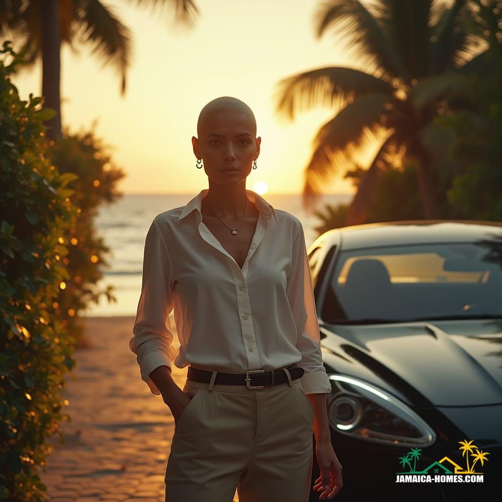 Bald and beautiful real estate agent, a poised white woman, steps out of her Jamaican home, ready to start the day, wearing a crisp, buttoned-up shirt and sharp, linen clothes that accentuate her professional demeanor, as she approaches her sleek, luxury car, bathed in the warm, golden light of the Caribbean morning. Cinematic film still, reminiscent of the works of Roger Deakins, Hoyte van Hoytema, and Emmanuel Lubezki, with a distinct, filmic aesthetic, incorporating subtle film grain, a nuanced vignette, and a rich, cinematic color grade, evoking the texture and feel of 35mm film, post-processed to perfection, with dramatic, atmospheric lighting, capturing the epic, stunning beauty of the scene, a true masterpiece of cinematic storytelling.