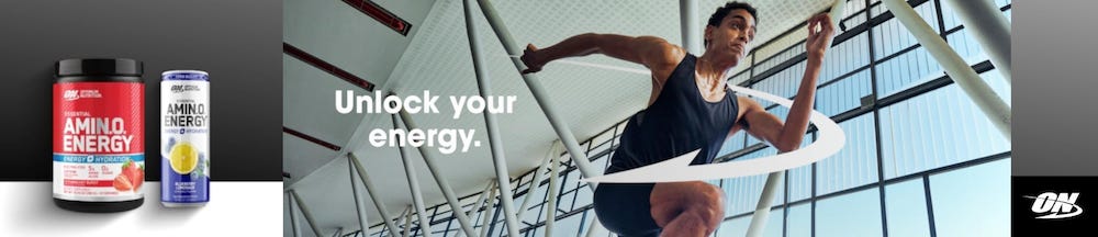 ON Amino Energy drink ad with athlete and energy supplements, boost workout focus, hydration, and performance. Shop now for a powerful pre-workout edge and lasting energy at www.AthleteMealPrep.com